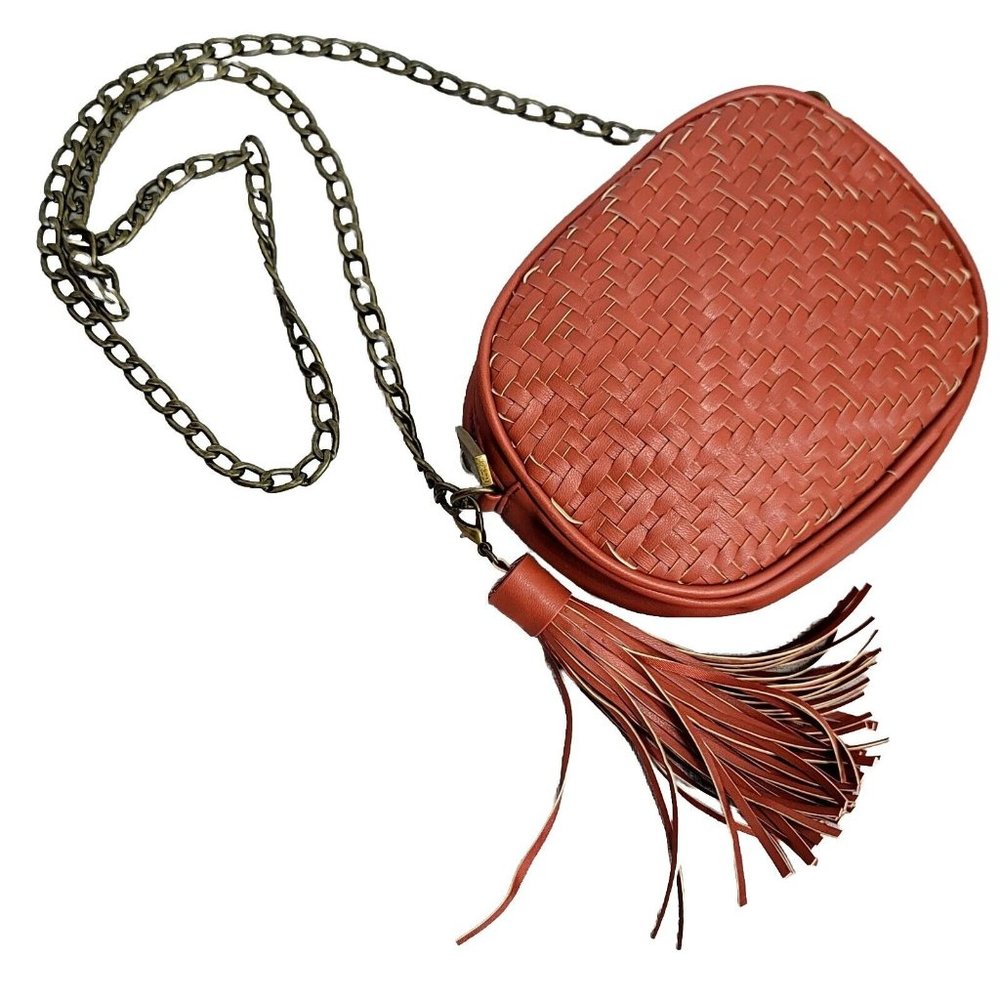 Anthropologie Woven Vegan Faux Leather Chunky Chain Tassel Crossbody Bag‎